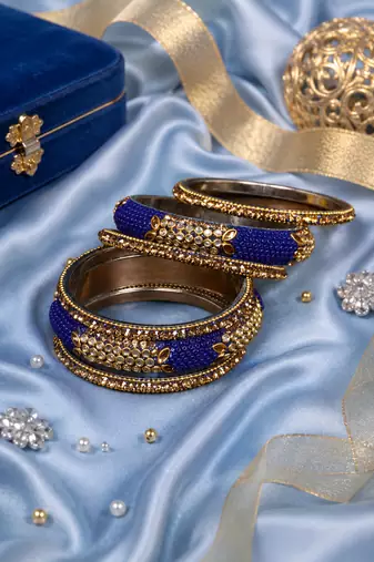 Stone Embellished Blue Seed Bead Bangles