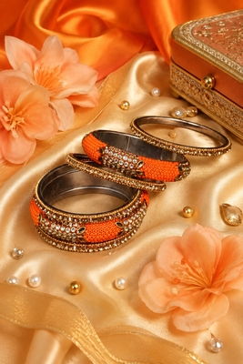 Stone embellished orange seed bead bangles 2