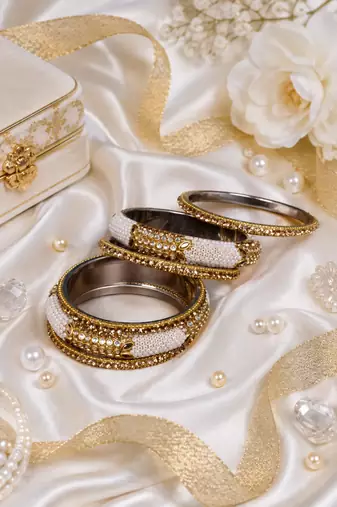 Stone embellished white seed bead bangles