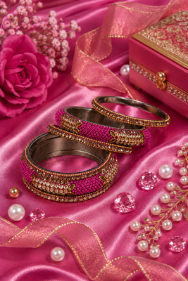 Stone embellished rani pink seed bead bangles 2