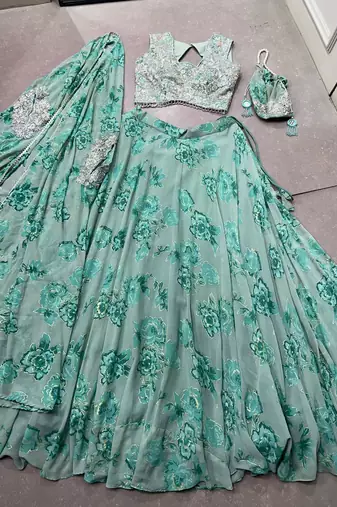 Designer Georgette Floral Print Lehenga Choli with Thread Embroidery and Sequins Work- Full stitched free size