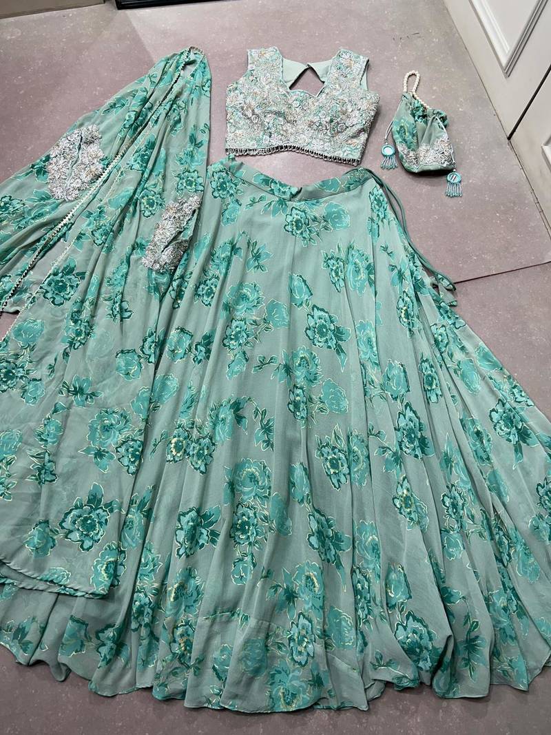 Designer Georgette Floral Print Lehenga Choli with Thread Embroidery and Sequins Work- Full stitched free size