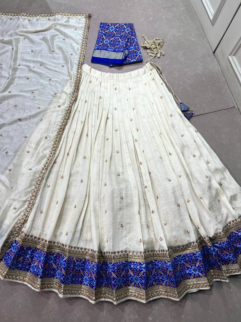 white vichitra silk blend sequin work lehenga set full stitched