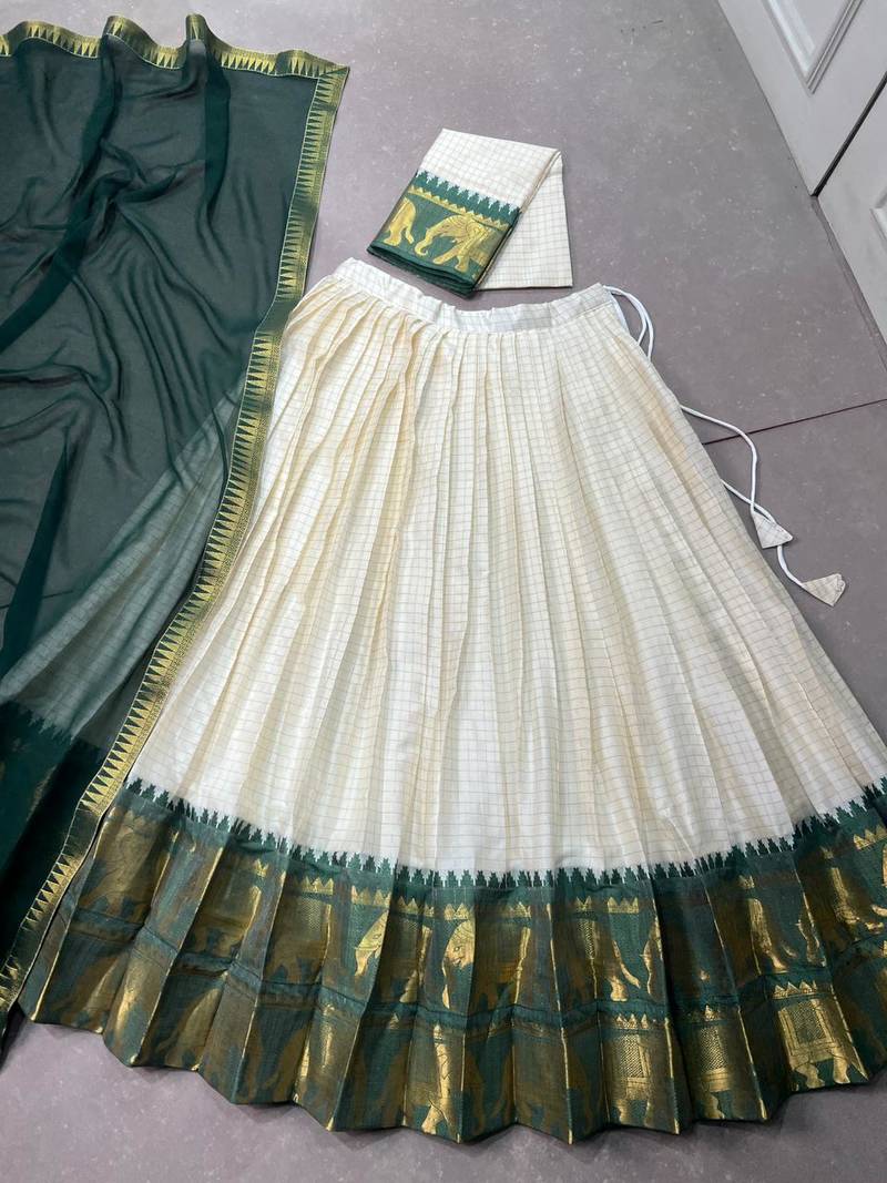 off white poly cotton lehenga choli with zari weaving work