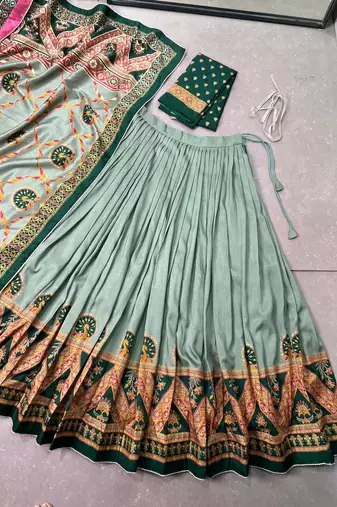 GreenTraditional Printed Tasar Silk Pleated Lehenga Choli for Women