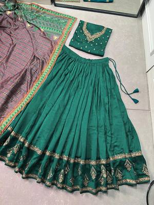 teal vichitra silk sequins thread work embroidered lehenga choli 6