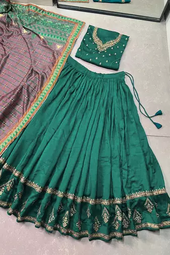 Women Vichitra Silk Sequins & Thread Work Embroidered Lehenga Choli