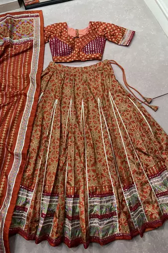Tasar silk blend Printed Free Size Ghaghra Choli with Lace Border & Dupatta for Navratri Garba