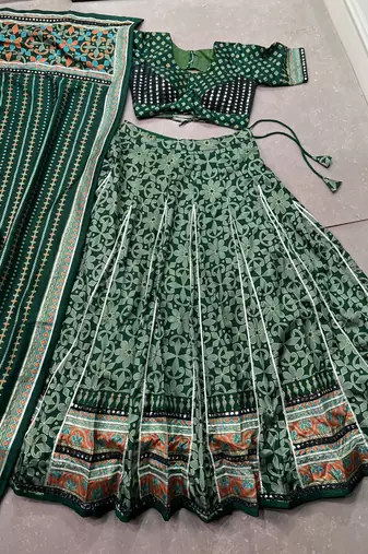 Tasar Silk Printed Free Size Ghaghra Choli with Lace Border & Dupatta for Navratri Garba