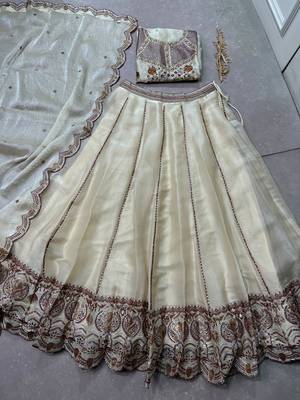 Women's Cream Spider Crush silk blend Embroidered Semi-Stitched Lehenga Choli Set 5
