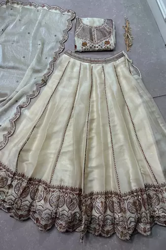 Women's Cream Spider Crush silk blend Embroidered Semi-Stitched Lehenga Choli Set