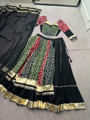 Multicolor Printed Rayon Free Size Stitched Lehenga Choli Set with Lace Borders 5