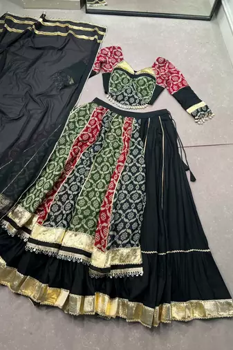 Multicolor Printed Pure Rayon Free Size Stitched Lehenga Choli Set with Lace Borders