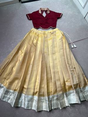 Moonga silk blend Navratri Special Solid Free Size Lehenga Choli with Printed Satin Mirror Dupatta 5