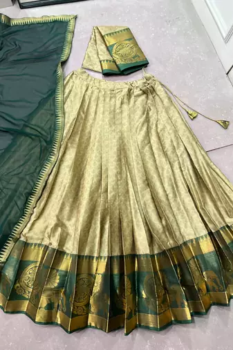 Women's South Indian Style Poly Cotton Zari Weaving Woven Lehenga Choli with Georgette Dupatta