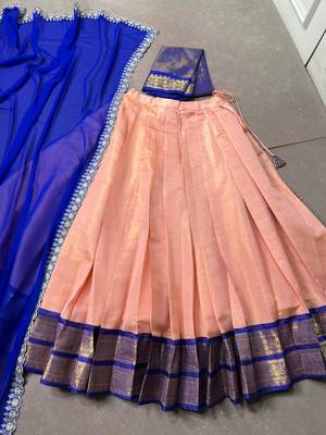 South Indian Style Peach Kanchipuram silk blend Lehenga Choli Set for Women 5