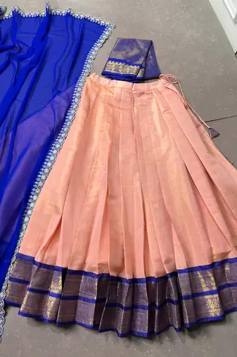 South Indian Style Peach Kanchipuram silk blend Lehenga Choli Set for Women