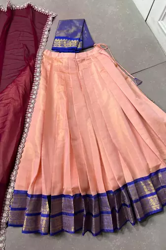 South Indian Style Peach Kanchipuram silk blend Lehenga Choli Set for Women