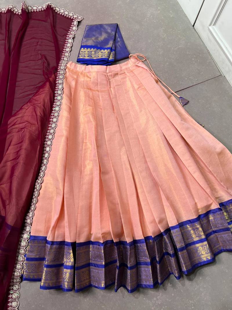 South Indian Style Peach Kanchipuram silk blend Lehenga Choli Set for Women