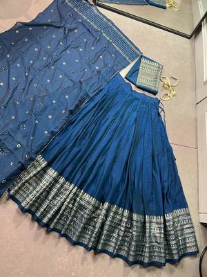 Pure Chanderi silk blend Zari Border Stitched Lehenga Choli with Sequins Dupatta 5