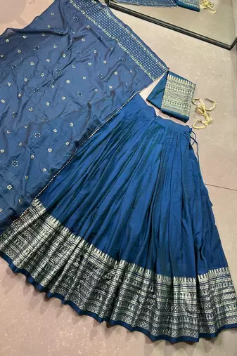 Pure Chanderi silk blend Zari Border Stitched Lehenga Choli with Sequins Dupatta
