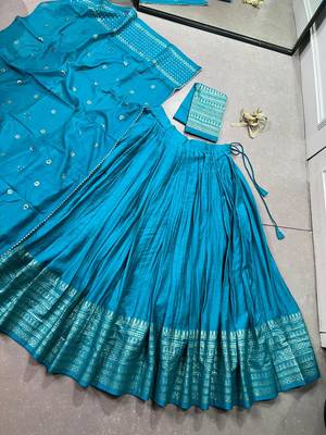 Pure Chanderi silk blend Zari Border Stitched Lehenga Choli with Sequins Dupatta 5