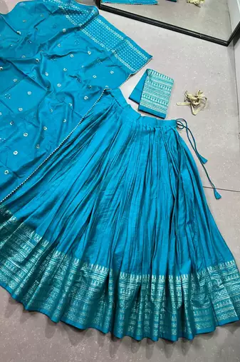 Pure Chanderi silk blend Zari Border Stitched Lehenga Choli with Sequins Dupatta