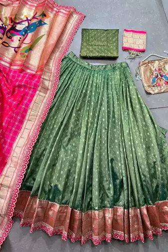 Festive Shimmer Organza Zari Woven Chaniya Choli with Designer Lace Border