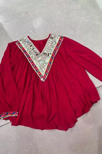 Women gujarati gamthi mirror work marble fabric boho fusion garba top