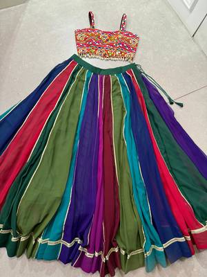 navratri multi-color georgette lehenga choli with gota patti & mirror work gamthi blouse- full stitched free size 5