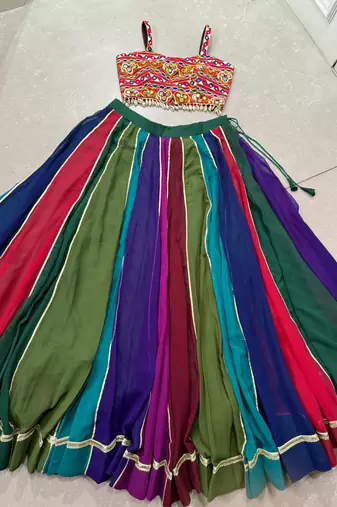 navratri multi-color georgette lehenga choli with gota patti & mirror work gamthi blouse- full stitched free size