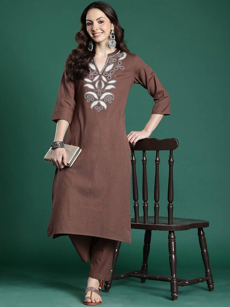 Floral Embroidered Pure Cotton Kurta with Trousers