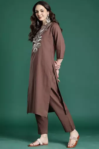 Floral Embroidered Pure Cotton Kurta with Trousers