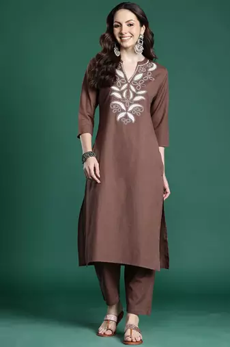 Floral Embroidered Pure Cotton Kurta with Trousers