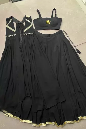 black lotus handwork navratri wear lehenga set with long jacket- full stitched free size