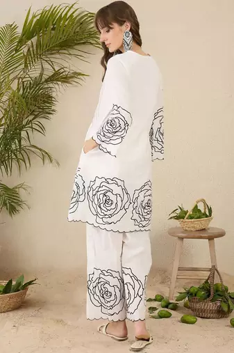 Women Floral Printed Pleated Mirror Work Pure Cotton Kurta with Palazzos