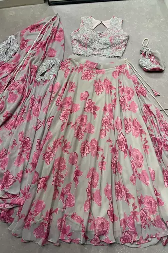 Designer Georgette Floral Print Lehenga Choli with Thread Embroidery and Sequins Work- Full stitched free size