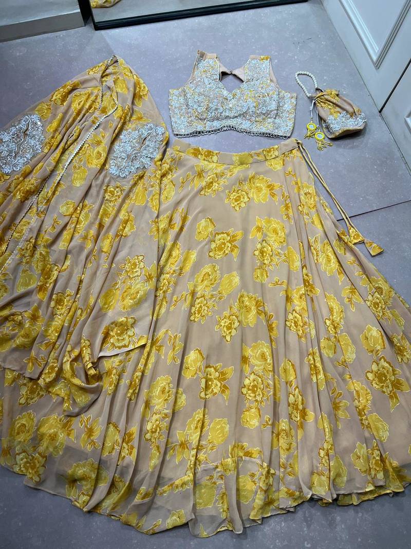 Designer Georgette Floral Print Lehenga Choli with Thread Embroidery and Sequins Work- Full stitched free size