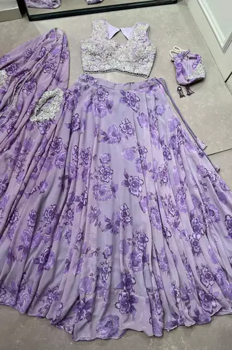 Designer Georgette Lehenga Choli with Thread Embroidery and Sequins Work- Full stitched free size