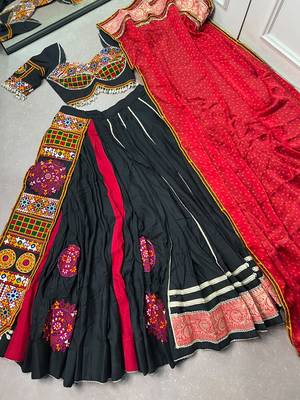 Black Rayon Gamthi Kutchi Embroidered free size Lehenga Choli with Red Bandhej Dupatta for Navratri & Garba 5