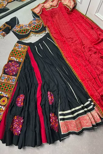 Black Rayon Gamthi Kutchi Embroidered free size Lehenga Choli with Red Bandhej Dupatta for Navratri & Garba