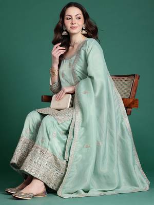 Ethnic Motifs Embroidered Sequinned Kurta with Palazzos & With Dupatta 1