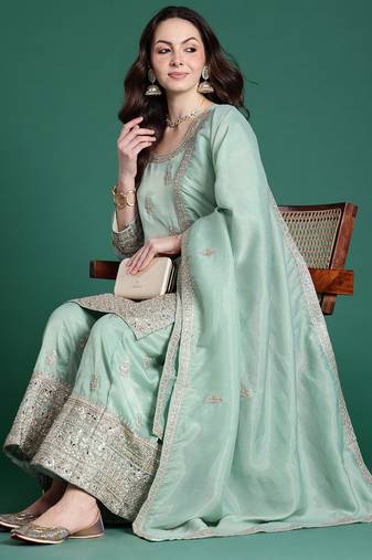 Ethnic Motifs Embroidered Sequinned Kurta with Palazzos & With Dupatta