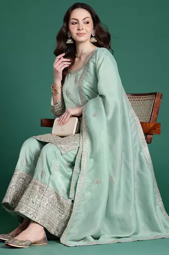 Ethnic Motifs Embroidered Sequinned Kurta with Palazzos & With Dupatta