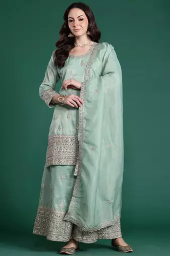 Ethnic Motifs Embroidered Sequinned Kurta with Palazzos & With Dupatta