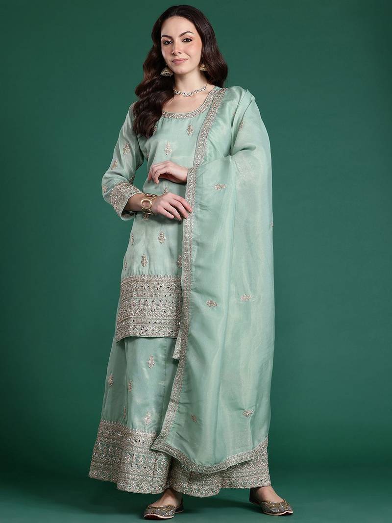 Ethnic Motifs Embroidered Sequinned Kurta with Palazzos & With Dupatta
