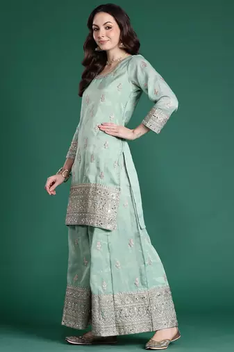Ethnic Motifs Embroidered Sequinned Kurta with Palazzos & With Dupatta