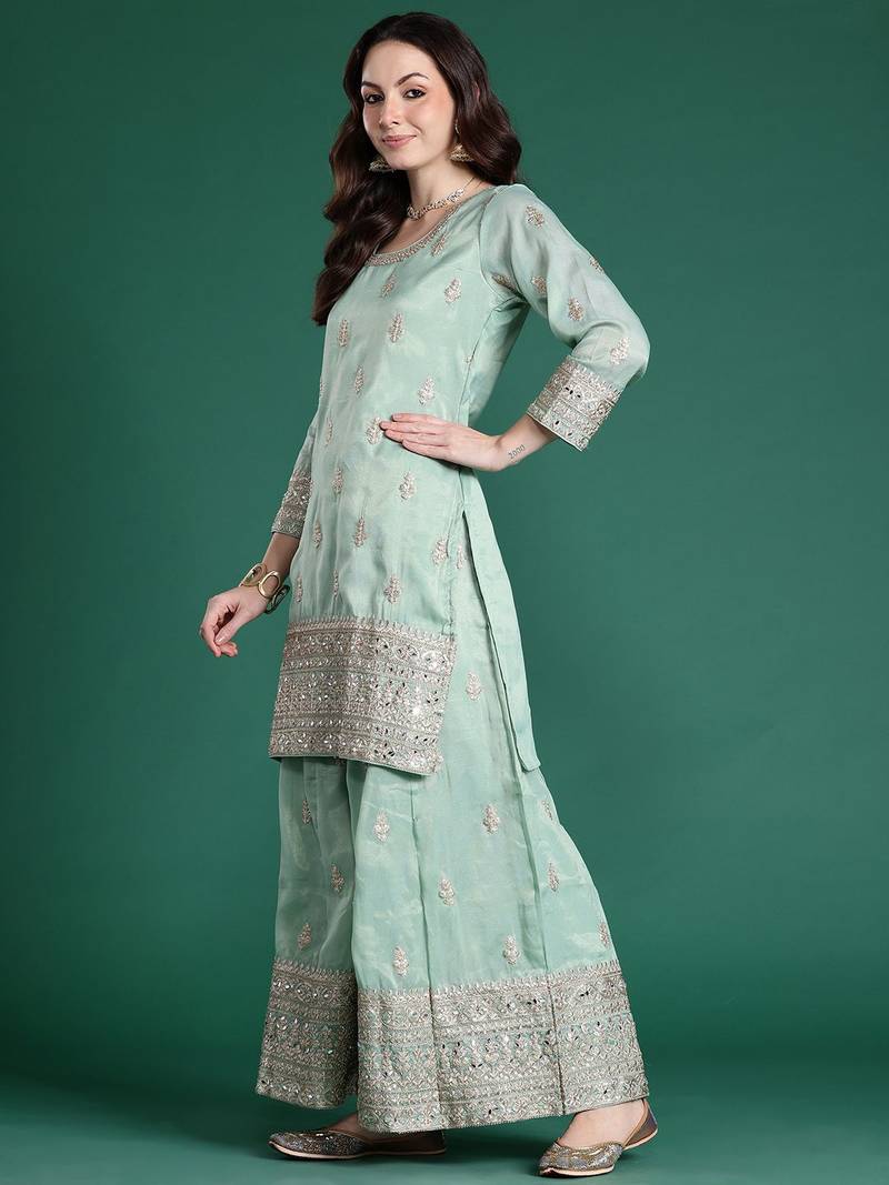 Ethnic Motifs Embroidered Sequinned Kurta with Palazzos & With Dupatta