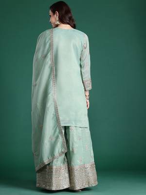 Ethnic Motifs Embroidered Sequinned Kurta with Palazzos & With Dupatta 7