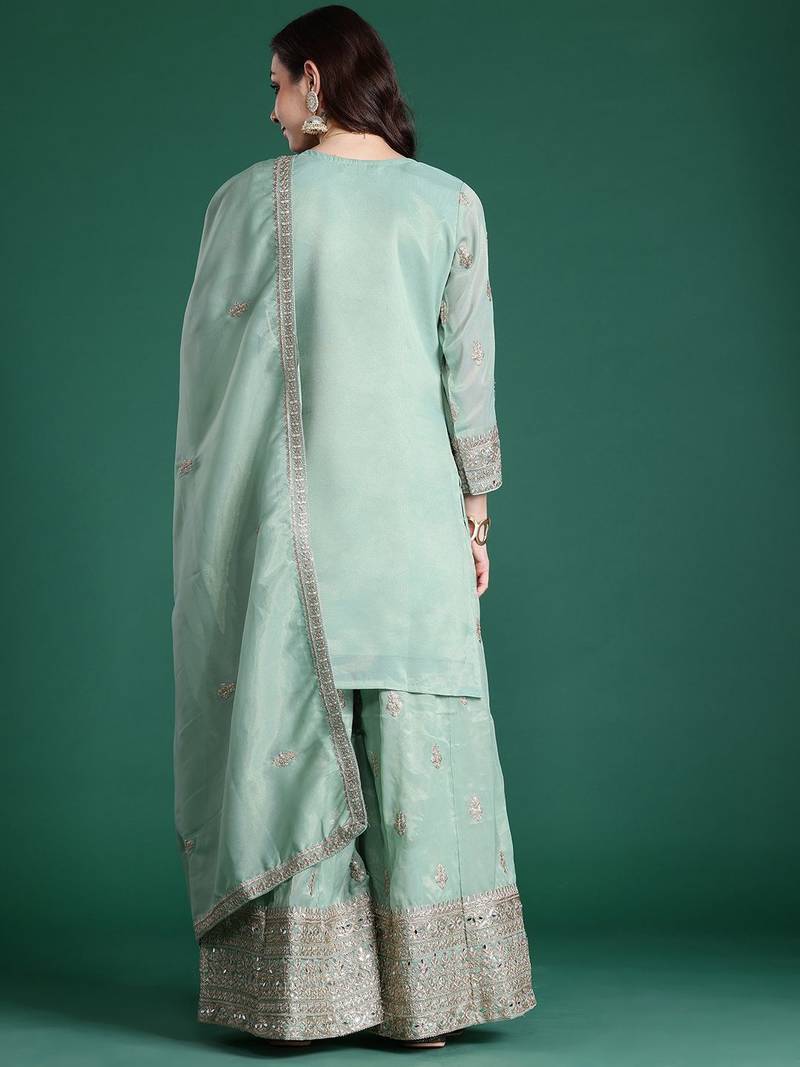 Ethnic Motifs Embroidered Sequinned Kurta with Palazzos & With Dupatta